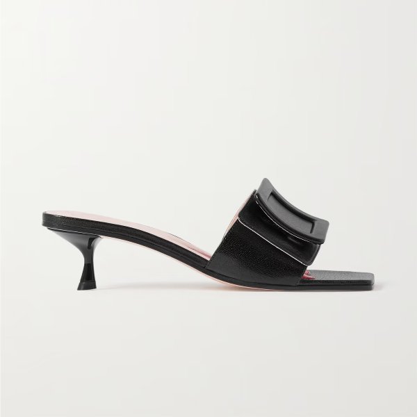 Buckle-detailed glossed-leather mules