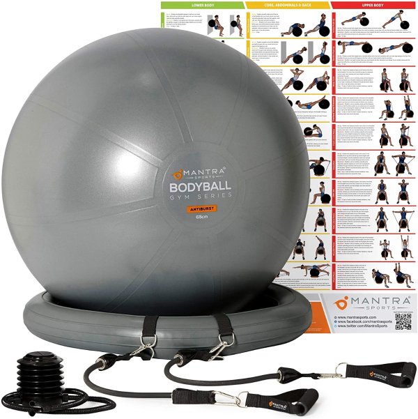 Exercise Ball Chair - 55cm / 65cm / 75cm Yoga Fitness Pilates Ball & Stability Base for Home Gym & Office - Resistance Bands, Workout Poster & Pump. Improve Balance, Core Strength & Posture