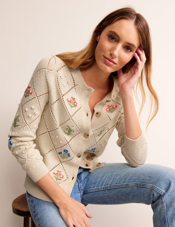 Cotton Embroidered CardiganWarm Ivory