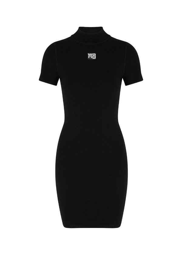 Black logo stretch-knit mini dress