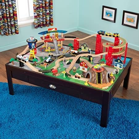 Multi-Level Airport Express Espresso Train Set & Table, Multi-Colored Toy, Planes, Trains, Cars, Helicopters, Multiple Kids Play, Gift for Ages 3-8 46.25 x 32.5 x 15.5