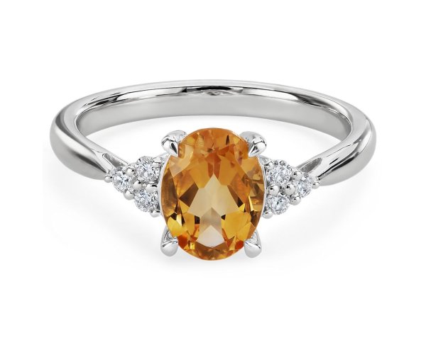 Oval Citrine and Diamond Ring in 14k White Gold (8x6mm)