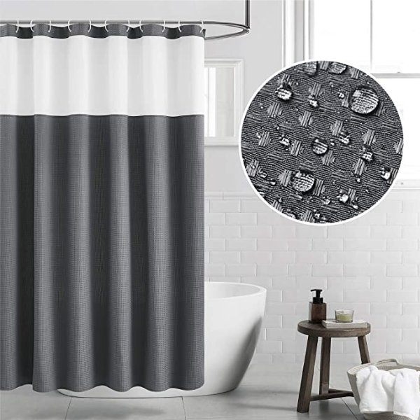 Fabric Shower Curtain Dark Gray Waffle Weave Shower Curtain for Bathroom Waterproof Bathroom Curtain with 12 Hooks Machine Washable 72x72 Inch