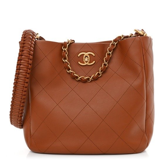 Calfskin Quilted Braided Handle Chain Hobo Brown