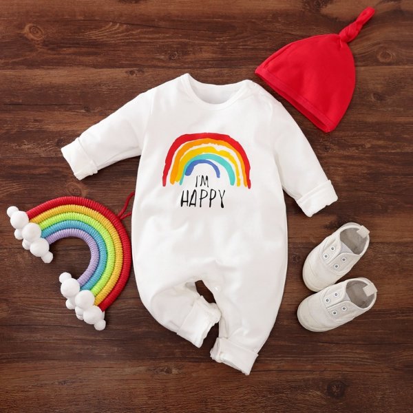 2-piece Baby I'M HAPPY Rainbow Print Jumpsuits with Hat Set