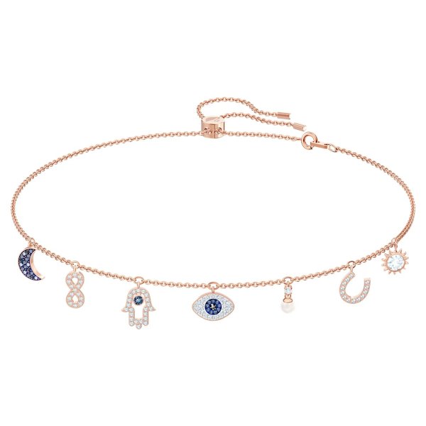 Symbolic necklace, Moon, infinity, hand, evil eye and horseshoe, Blue, Rose gold-tone plated by