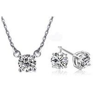 Solitaire Brilliant-Cut CZ Necklace and Earring Set in 18K White Gold Finish