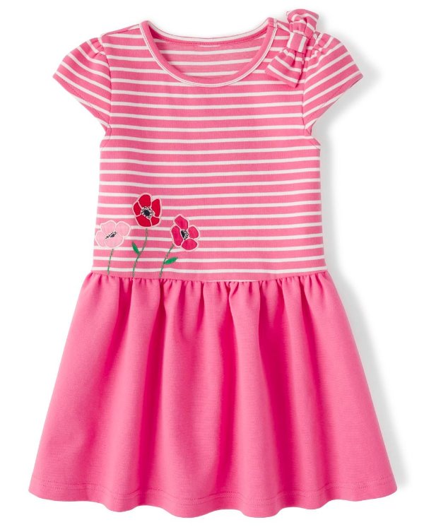 Girls Short Sleeve Poppy Embroidered Striped Ponte Knit Drop Waist Dress - Playful Poppies