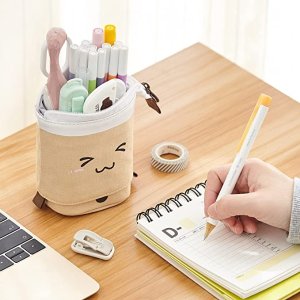 Cute Pencil Case Standing Pen Holder Telescopic Makeup Pouch Pop Up Cosmetics Bag with Kawaii Smile Face Stationery case Office Organizer Box for Girls Students Women Adult (Brown)