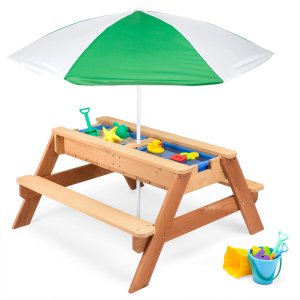3-in-1 Kids Sand & Water Table Outdoor Wood Picnic Table w/ Umbrella – just in time for summer!