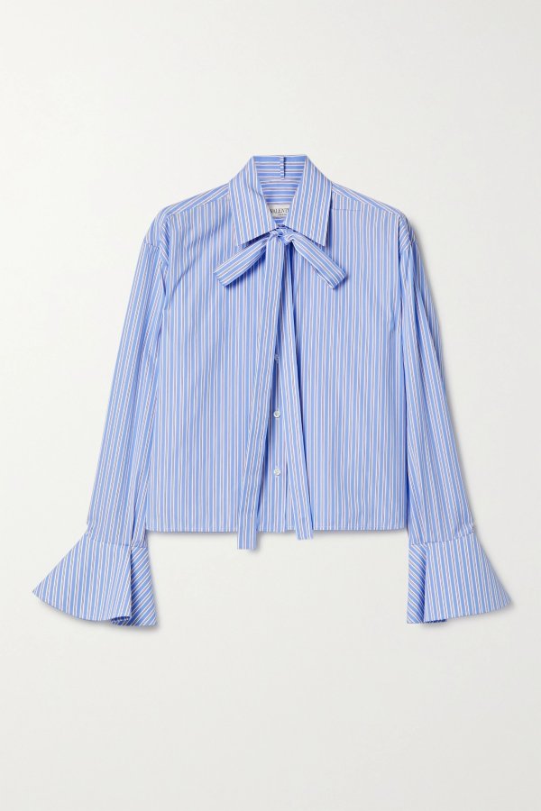 Tie-neck striped cotton-poplin shirt
