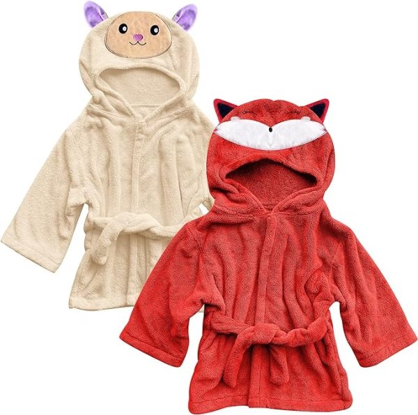 zzzZZ 2 Pack Unisex Baby Plush Animal Face Robe for 0-9 Months - Baby Essentials Registry Gifts