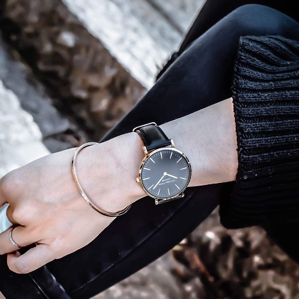 Analog Quartz Watches for Men Unisex Women Wrist Watches Minimalist with Genuine Leather Strap Waterproof Black Grey