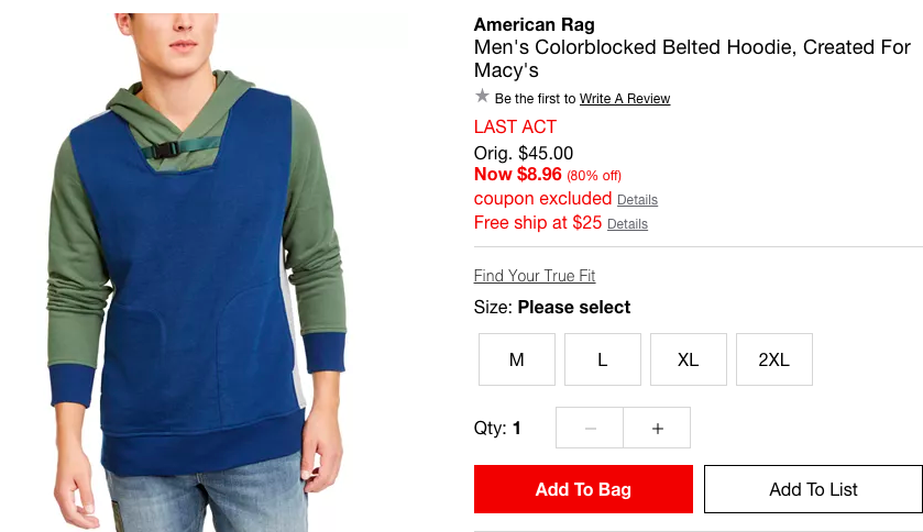 American Rag Men's Colorblocked Belted Hoodie男士卫衣