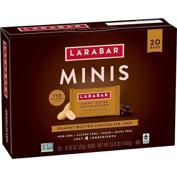 Peanut Butter Chocoate Chip Mini Bars, Guten Free Vegan Fruit & Nut Bar, 0.78 oz Bars, 20 Count (Pack of 1)