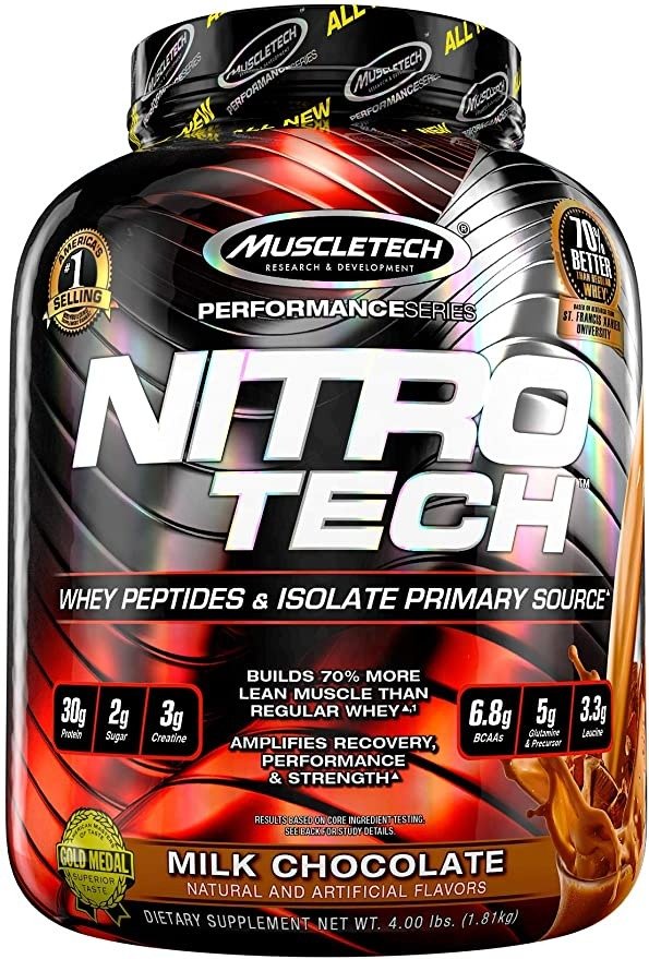 Whey Protein Powder + Creatine Monohydrate | MuscleTech Nitro-Tech Whey Isolate + Peptides | Whey Protein Powder for Men & Women | Lean Muscle Builder Protein Shakes | Chocolate, 4 lbs (40 Servings)