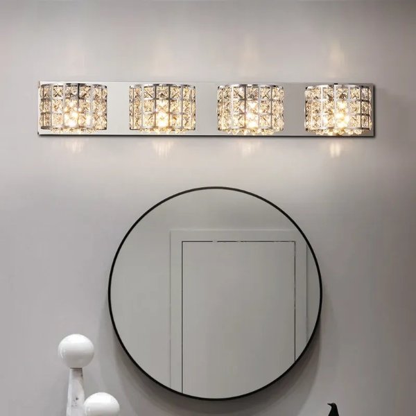 Modern Clear Crystals 4-Light Bath Vanity Wall Light in Polished Chrome-Homary