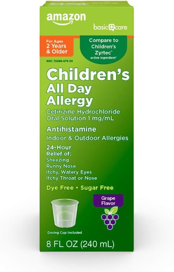 Amazon Basic Care Children’s All Day Allergy, Cetirizine Hydrochloride Oral Solution 1 mg/mL, Grape Flavor, 8 Fluid Ounces