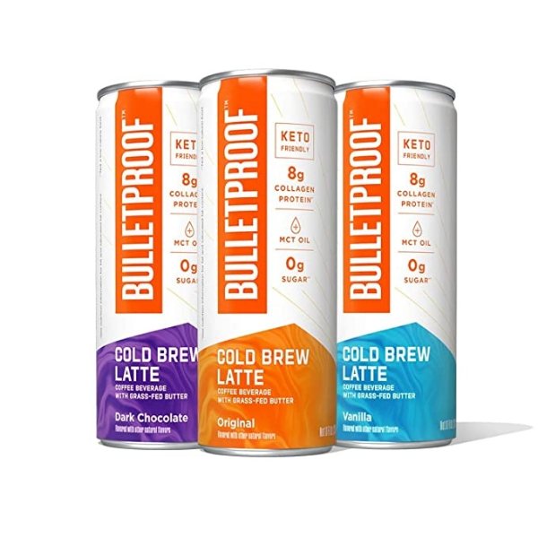 Variety Cold Brew Coffee, 8 Fl Oz, 110 Calories, 4 of Each Original, Chocolate, Vanilla, Bulletproof Iced Keto Coffee with 8g Protein, Brain Octane C8 MCT Oil, Grass Fed Butter, Zero Added Sugar