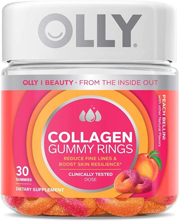 Collagen Gummy Rings, 2.5g of Clinically Tested Collagen, Boost Skin Elasticity & Reduce Wrinkles, Adult Supplement, Peach Flavor, 30 Count