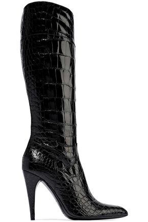 Croc-effect patent-leather knee boots