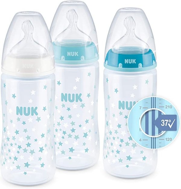 婴儿奶瓶 | Temperature Control | 0-6 Months | 300 ml | Silicone Teat | Anti Colic Vent | BPA-Free | Blue (Stars) | 3 Count