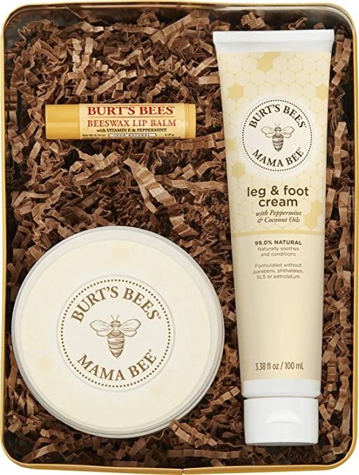 Burts Bees Mama Bee Gift Set with Tin, 3 Pregnancy Skin Care Products - Leg & Foot Cream, Belly Butter and Original Beeswax Lip Balm
