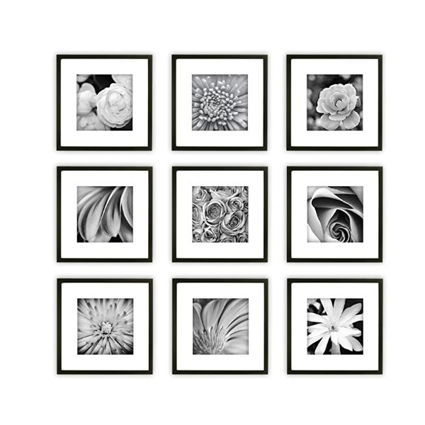 9 Piece Black Square Photo Frame Wall Gallery Kit. Includes: Frames, Hanging Wall Template, Decorative Art Prints Hanging Hardware