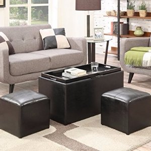 Convenience Concepts Designs4Comfort Sheridan Storage Bench with 2 Side Ottomans, Black