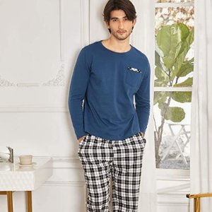 Ekouaer Mens Pajamas Set with Plaid Pant Short/Long Sleeve Sleepwear 2 Pieces Loungewear Loose Summer/Winter Pockets Pjs