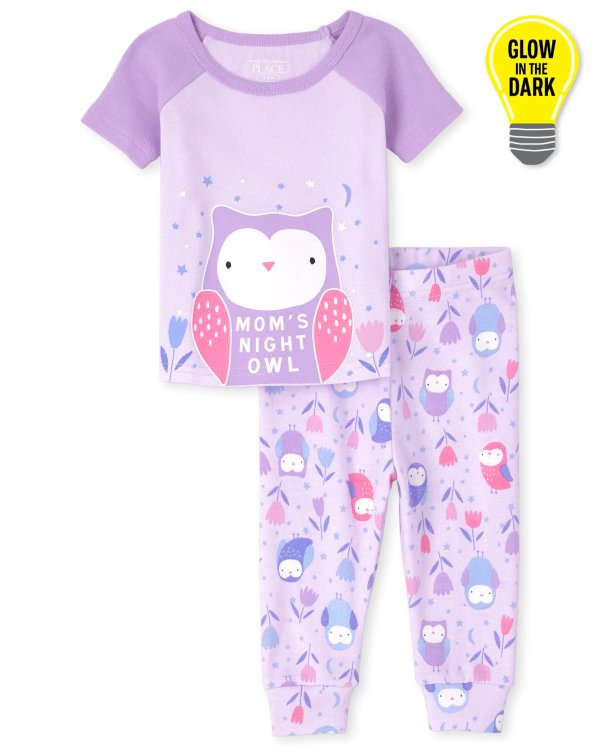 Baby And Toddler Girls Short Sleeve Glow In The Dark Owl Snug Fit Cotton Pajamas