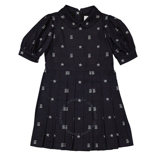 Girls Indigo Star And Monogram Motif Puff-Sleeve A-Line Denim Dress