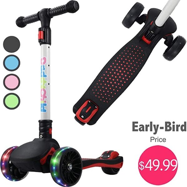 Folding Kick Scooter for Kids, 3-Wheel LED Flashing Glider Push Scooter with Height Adjustable and Foldable Handlebar, Anti-Slip Wide Deck for Boys Girls 3-12