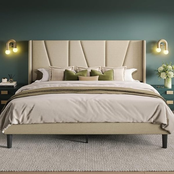 Queen Size Platform Bed Frame with Geometric Wingback Headboard, Modern Upholstered Bed with Wooden Slats Support, No Box Spring Needed, Easy Assembly, Beige