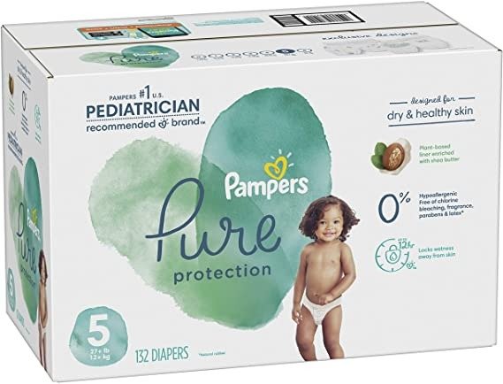 Diapers Size 5, 132 Count - Pampers Pure Protection Disposable Baby Diapers, Hypoallergenic and Unscented Protection, ONE MONTH SUPPLY