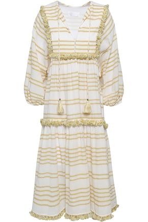 Tassel-trimmed striped cotton-blend gauze midi dress