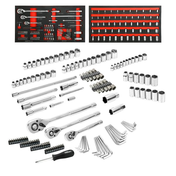 153-Piece Mechanic Tool Set, 1/4-inch, 3/8-inch, 1/2-inch Drive Ratchets and Sockets, Storage Trays