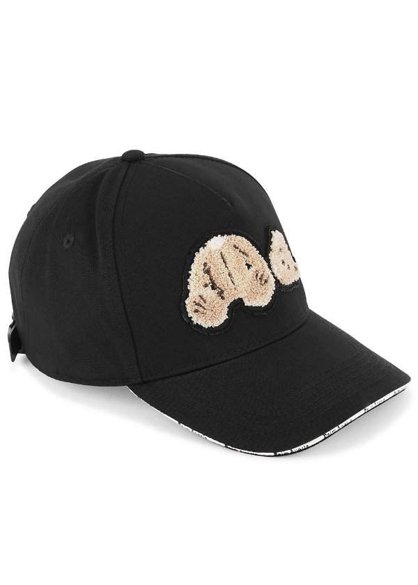 Black bear-appliqued twill cap