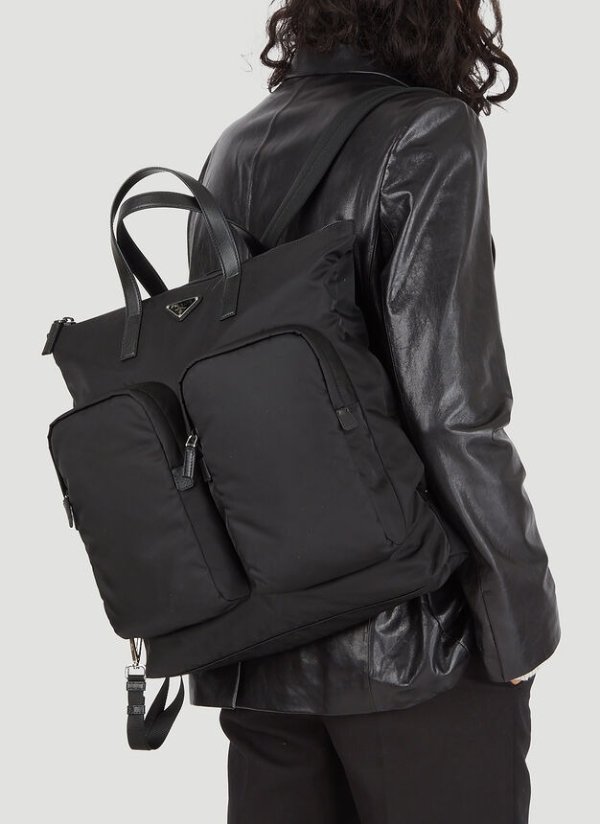 Recycled-Nylon Patch-Pocket Backpack in Black