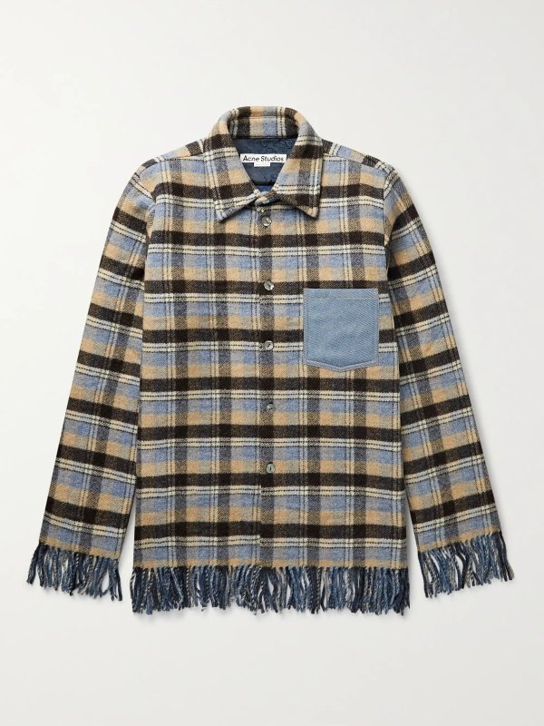 Fringed Denim-Trimmed Checked Wool Shirt Jacket