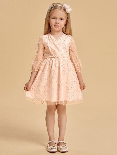Toddler Girls 1pc Glitter Mesh Overlay Flare Dress