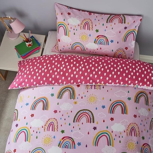 粉色彩虹双面床品套装