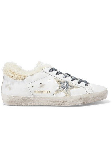 Superstar shearling-lined glittered distressed leather sneakers
