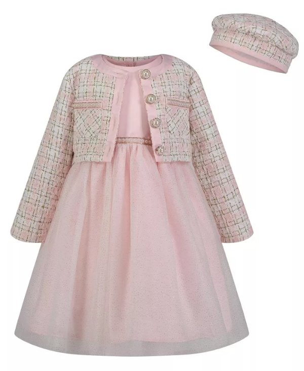Toddler & Little Girls Fit-and-Flare Tulle Dress, Lurex Tweed Crop Jacket and Beret Set