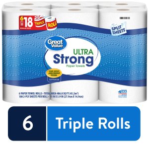 Great Value Ultra Strong Paper Towels, Split Sheets, 6 Triple Rolls
