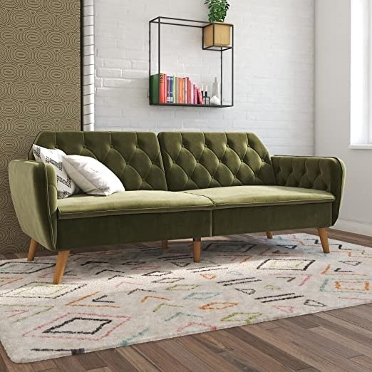 Tallulah Memory Foam Futon, Convertible Couch, Green Velvet