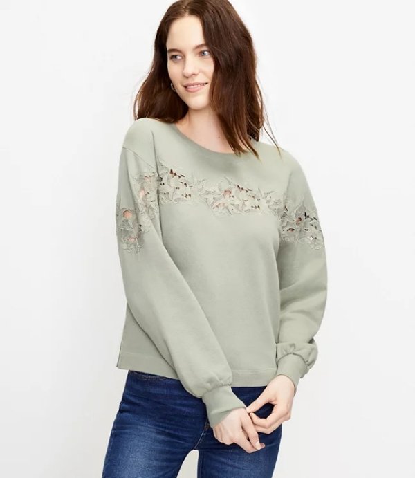 Floral Lace Trim Sweatshirt | LOFT