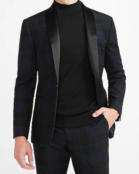 Slim Black Tartan Plaid Tuxedo Jacket