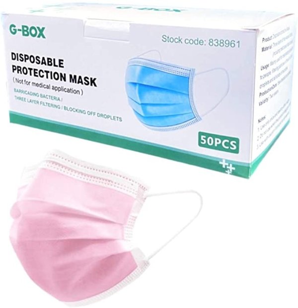 G-Box 3-Ply Adult Disposable Face Masks with Elastic Earloops & Metal Nose-wire (50, Pink)
