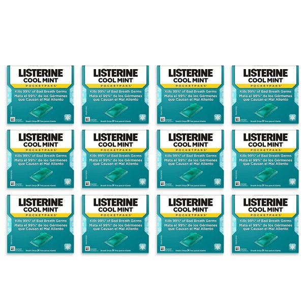 Listerine Cool Mint Pocketpaks Breath Strips Kills Bad Breath Germs, 24-Strip Pack，12 pack